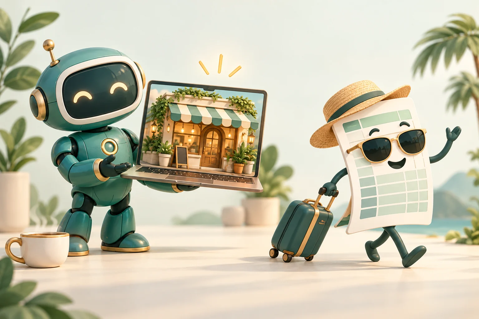 A cheerful robot handles the website while a spreadsheet enjoys a well-earned holiday
