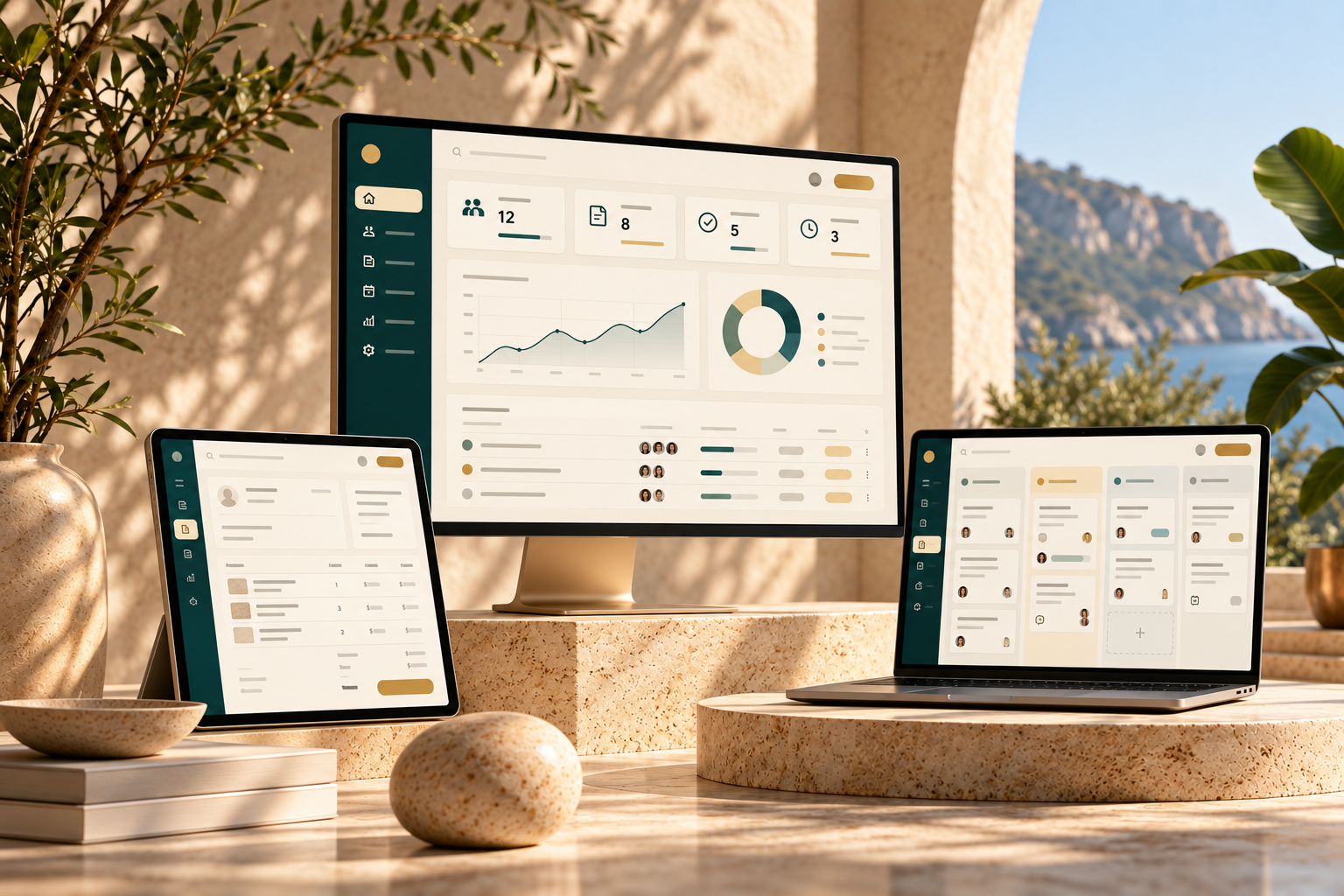 Illustrative business dashboard across a desktop, tablet and laptop
