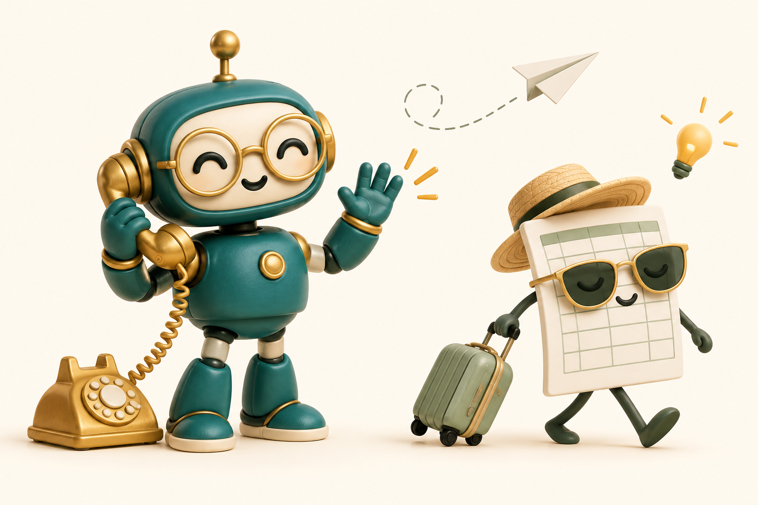 A friendly teal robot answers a phone while a spreadsheet character leaves for vacation with a suitcase
