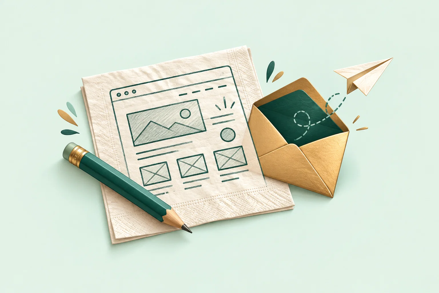 A cheerful website idea sketched on a napkin beside a gold envelope