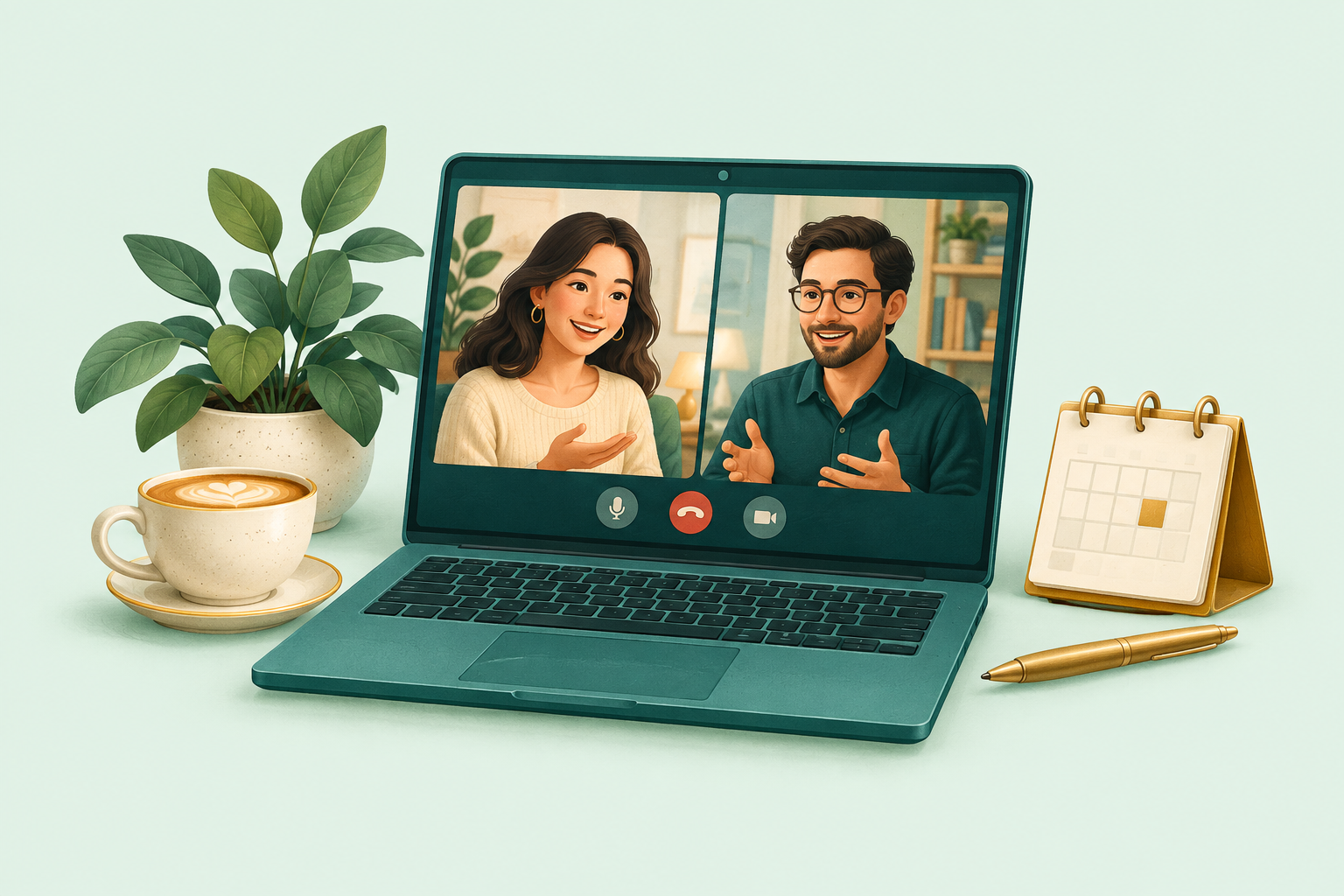 Two illustrated people meet over a laptop video call