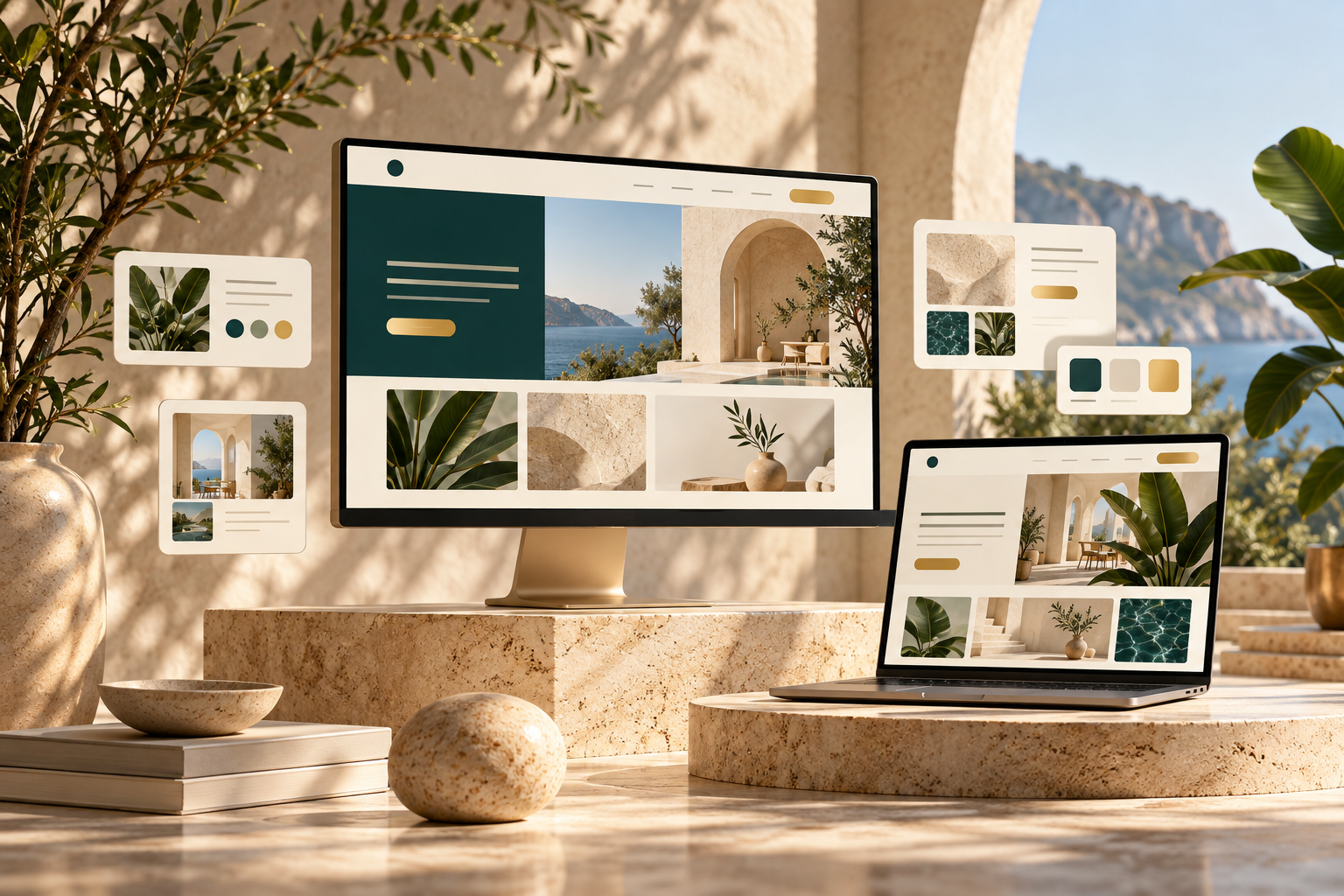 Website design concepts displayed on a desktop and laptop