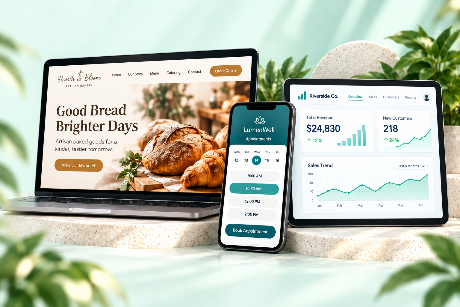Bakery website, appointment app, and business dashboard concepts displayed together on a laptop, phone, and tablet