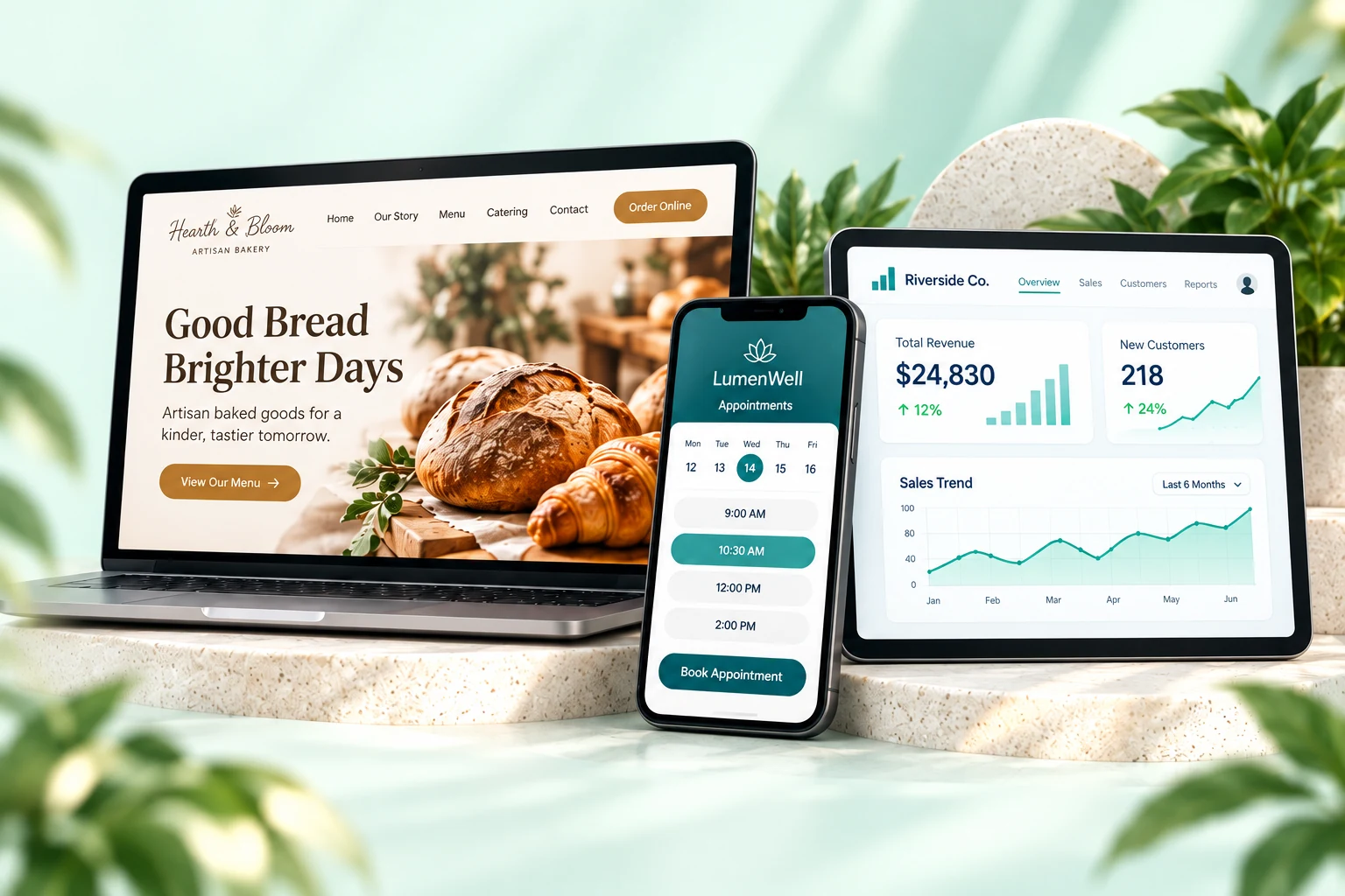 Bakery website, appointment app, and business dashboard concepts displayed together on a laptop, phone, and tablet