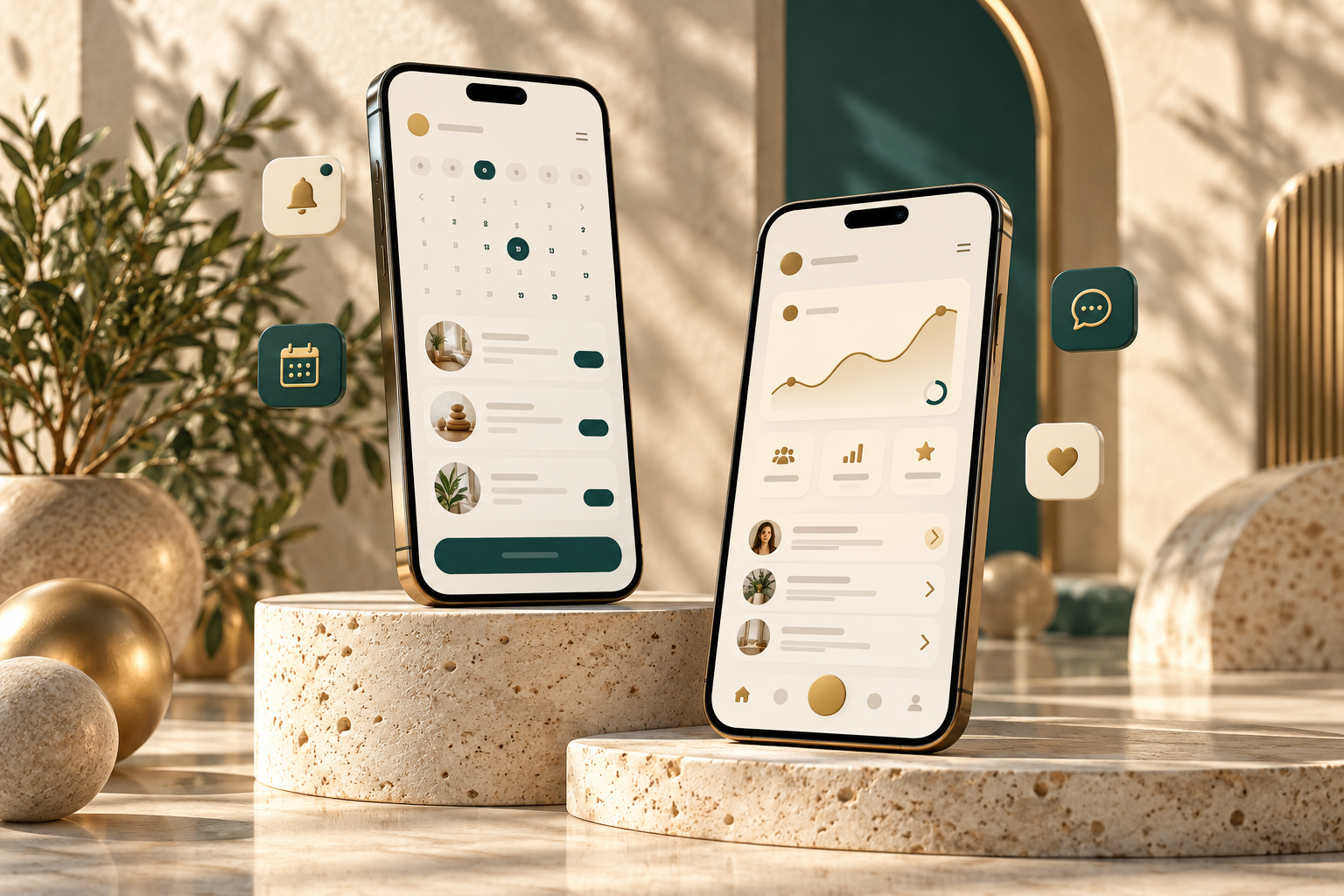 Mobile app concepts on two phones in a teal and gold setting