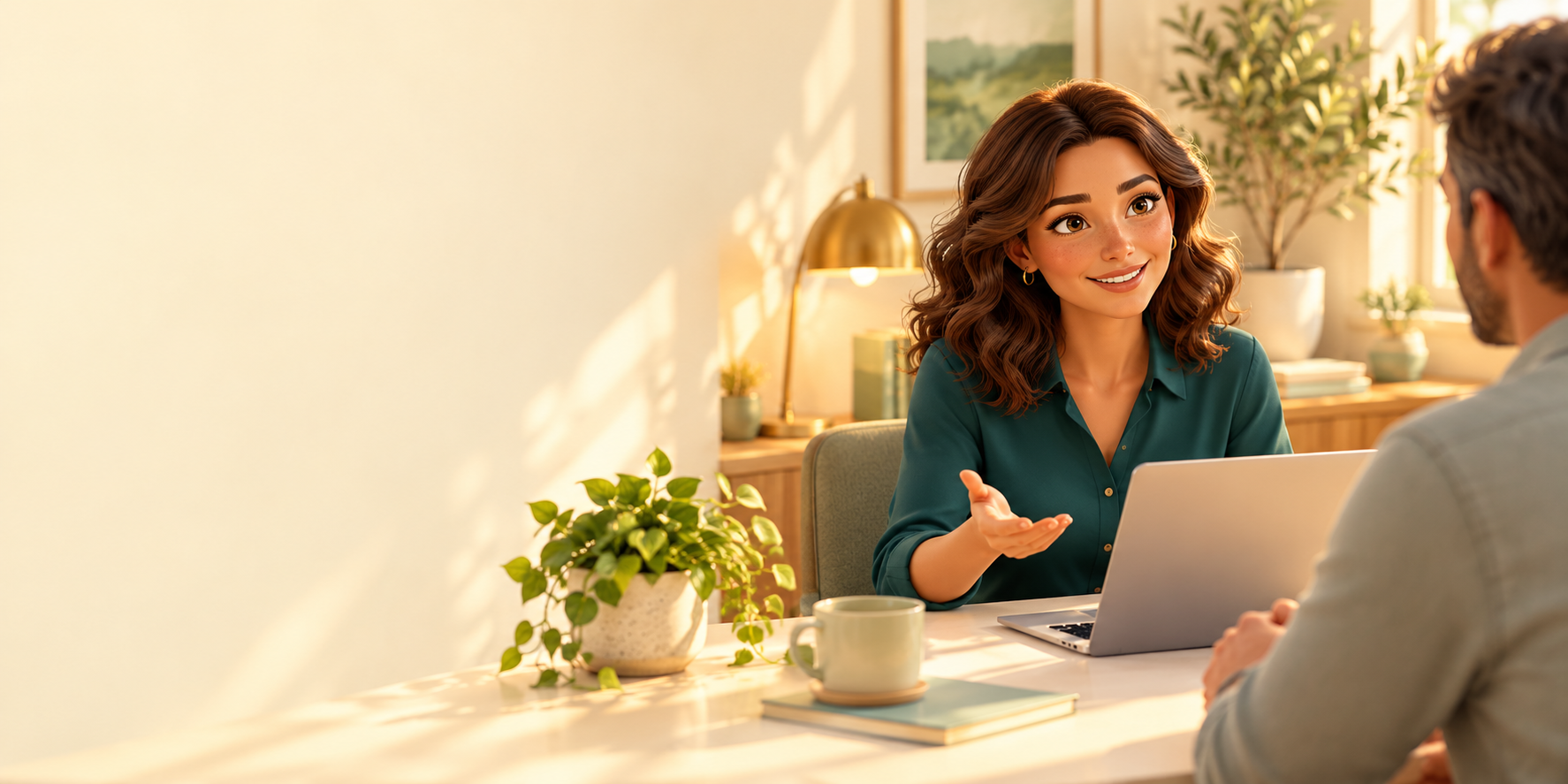 Illustration of two people sharing ideas over a laptop in a warm, sunlit workspace