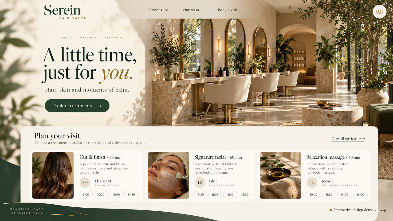 Spa & Salon illustrative interface design with sample content